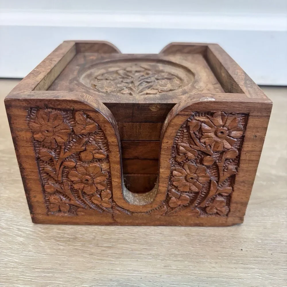 Vintage Hand Carved Wood Coaster Set Caddy Floral Leaf Indian Wooden Drink Mat